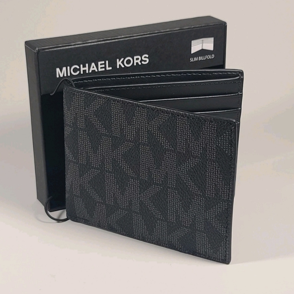 NWT Michael Kors Men's "Jet Set" Bifold Black Noir MK Canvas Slim Wallet